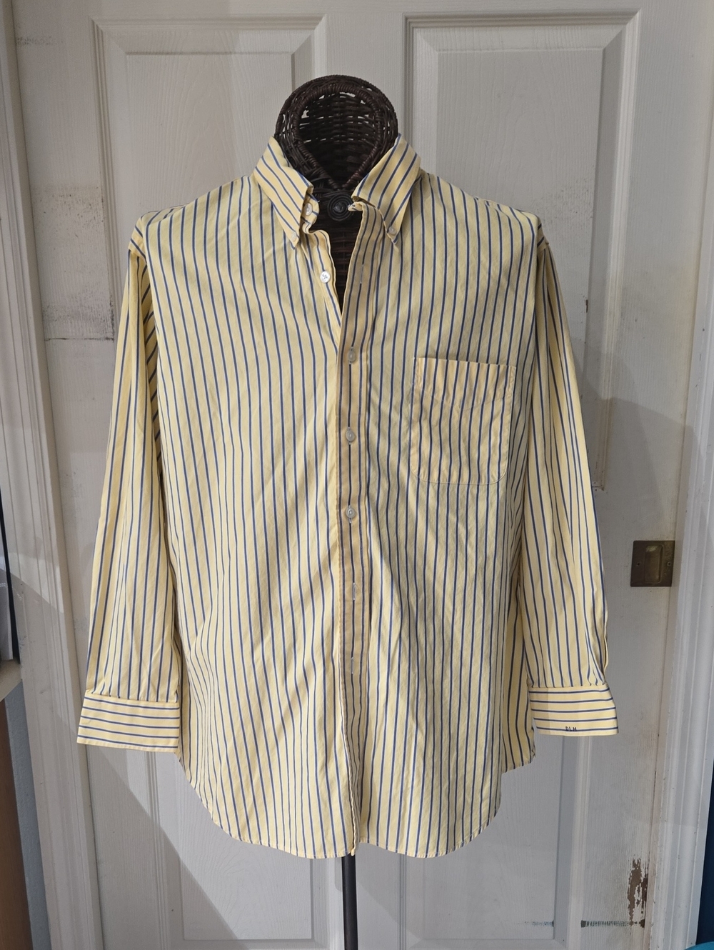 Paul Fredrick Yellow Button-Up Shirt with Navy Stripes-Size 17.5/34